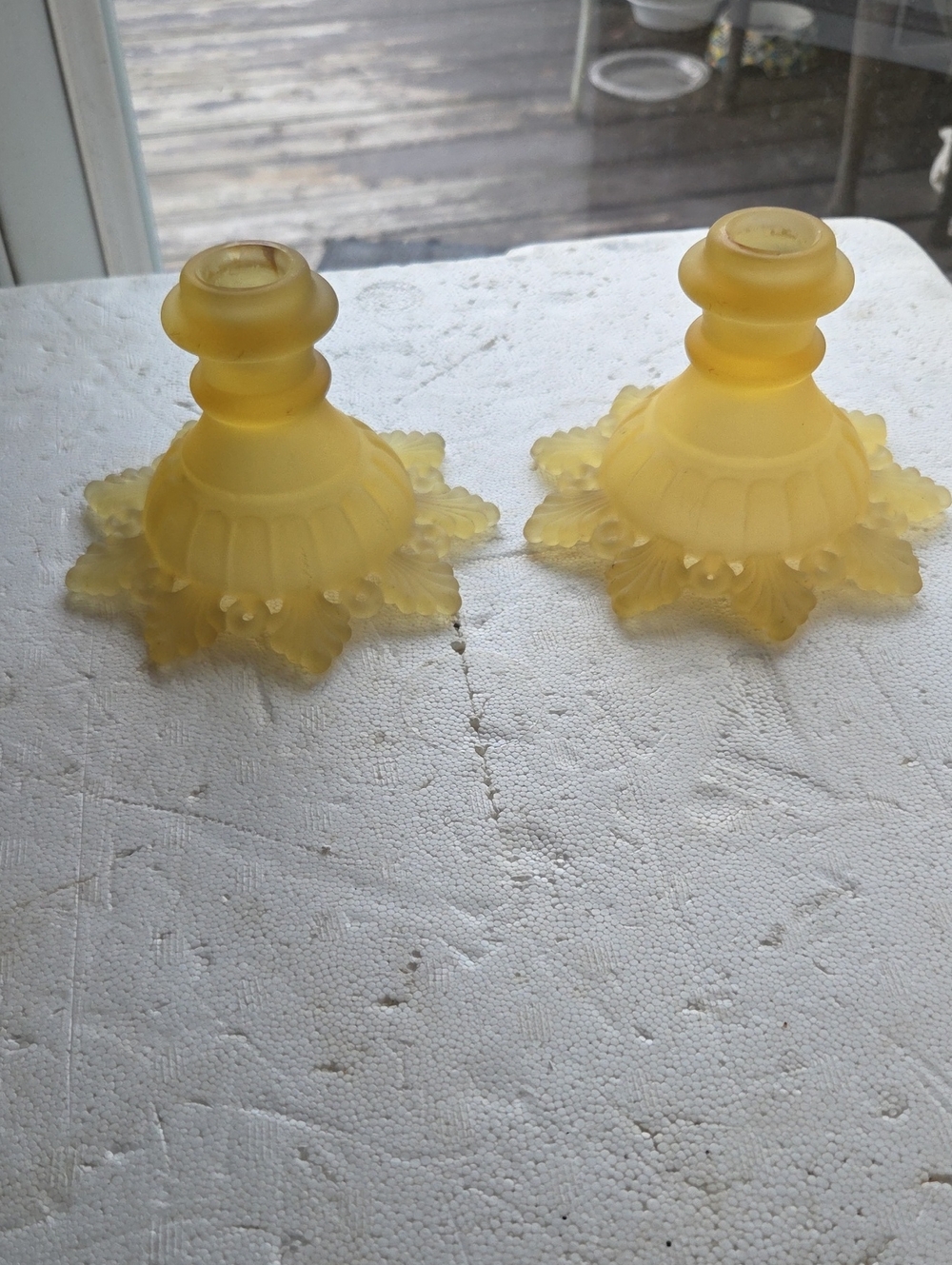 Yellow Glass Candlestick Holders - Set of 2 Depression Candel Sticks Old